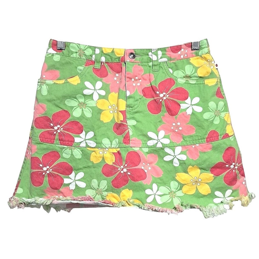 Floral Copper Key Skort Girls 16 Green Frayed Hem Cotton Denim Built-in Shorts